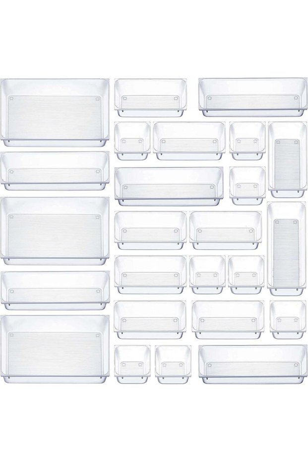 25 PCS Clear Plastic Drawer Organizers Set, 4-Size Versatile Bathroom and Vanity Drawer Organizer T