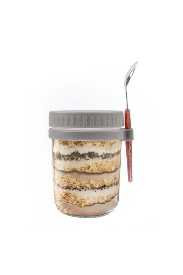 Overnight Oats Jars with Lid and Spoon, 350ml High Borosilicate Glass Food Storage Containers, Grey