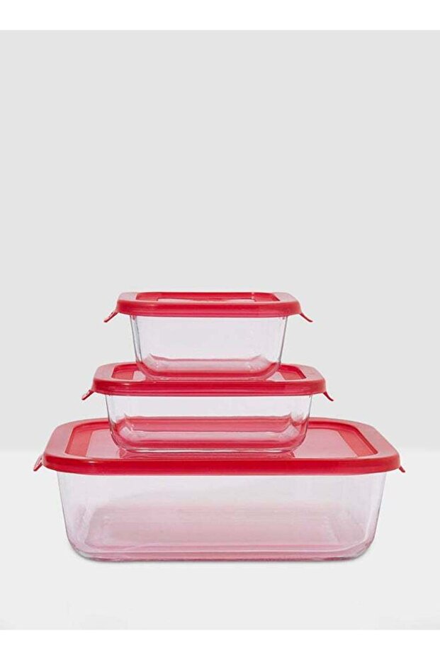 Boro 3-Piece Rectangular Food Storage Container Set With Lid Red/Clear 320ml