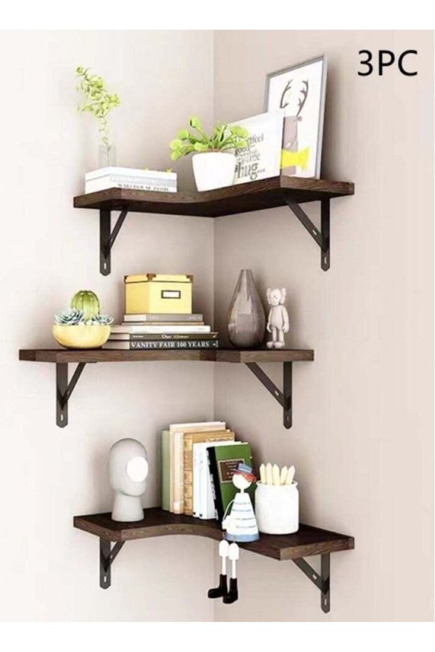 Corner Floating Shelves Wall Mounted Set of 3 Rustic Wood Wall Storage Shelves for Bedroom Bathroom