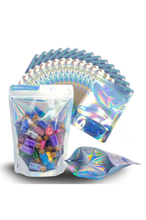 100 Pcs Resealable Holographic Mylar Bags, 4 x 6 Inch Ziplock Pouches for Lip Gloss, Party Favors,