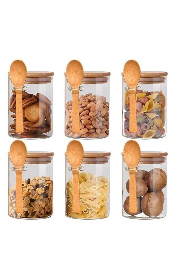 6-Pack 550ml Glass Jars with Airtight Bamboo Lids, Spoons, 20 Labels & Marker – Multipurpose Kitche