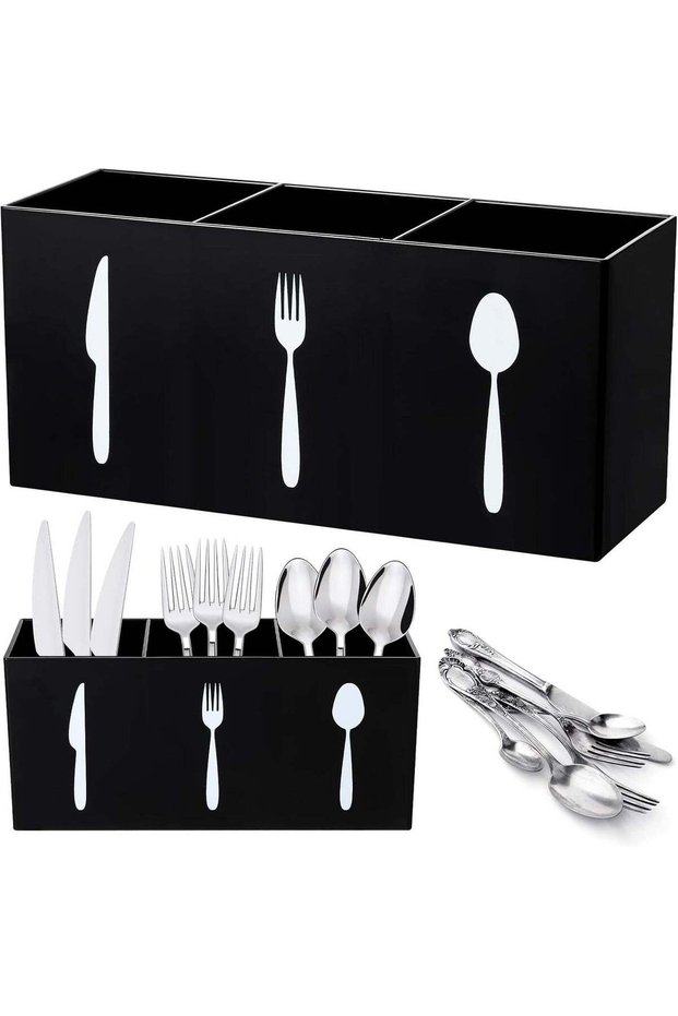 Suzile Acrylic Cutlery Storage Organizer Bin - 3 Section Silverware Caddy for Kitchen