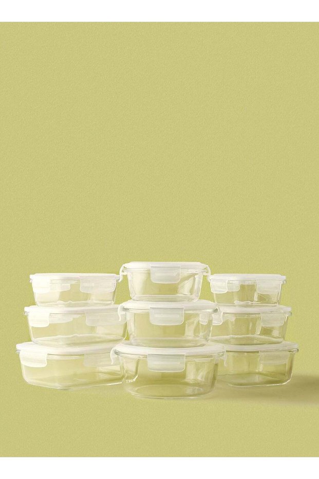 9 Piece Borosilicate Glass Food Container Set - Airtight Lids - Lunch Box - Rectangle + Square + Ro