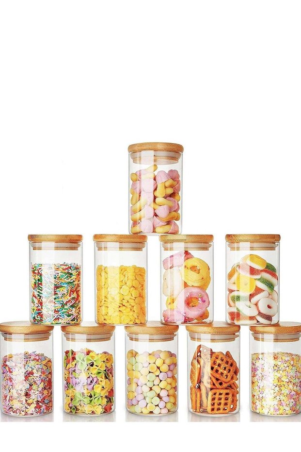 Set of 10-290 ML Borosilicate Glass Storage Jars With Bamboo Lids