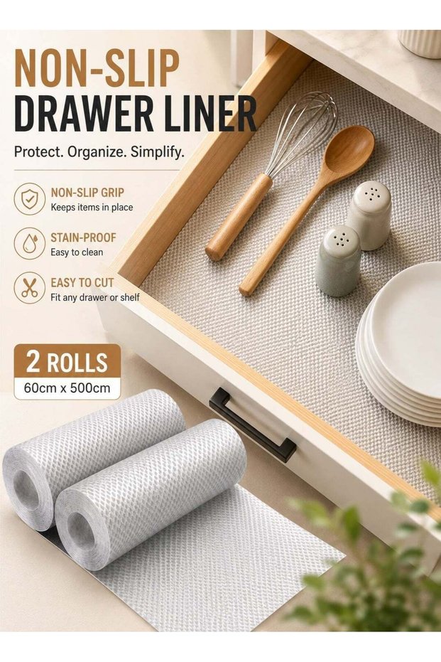 2-Rolls Non-Slip Kitchen Drawer Liner Stain-Proof Shelf Liner For Drawers Roll PVC, 60*500 cm, PVC