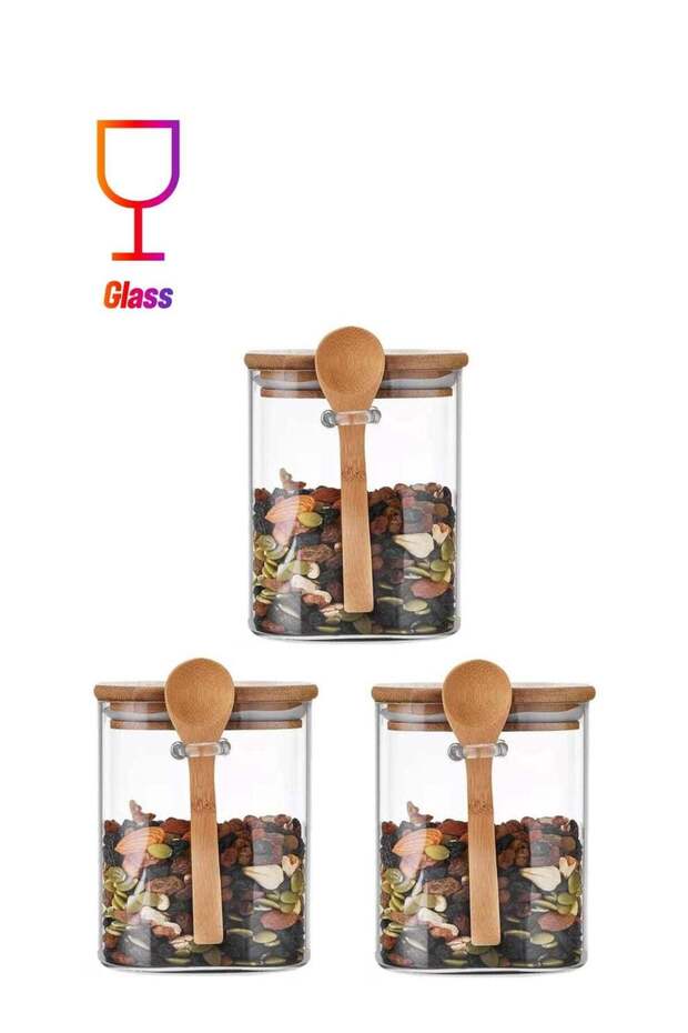 Set of 3- 1000 ML Borosilicate Square Glass Food Storage Jar with Bamboo Lid and Spoon