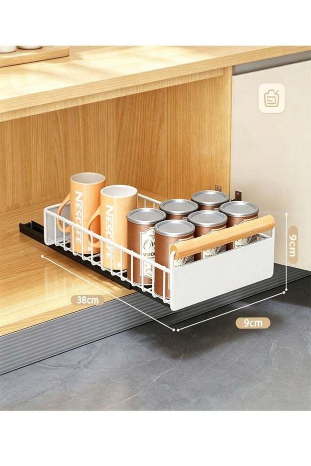Pull‑Out Cabinet Organizer, Sliding Drawer Storage Basket for Kitchen Counter, Multifunctional Meta
