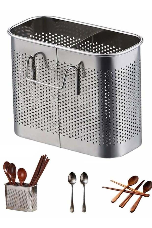 304 Stainless Steel 2-Tier Utensil Drainer, Silverware Drying Rack with Hooks, Brushed Finish