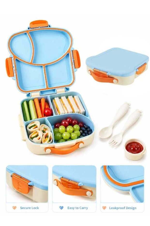 Kids Bento Box with Cutlery & Sauce Container, Portable Lunch Box for School, Travel, Picnic, Snac
