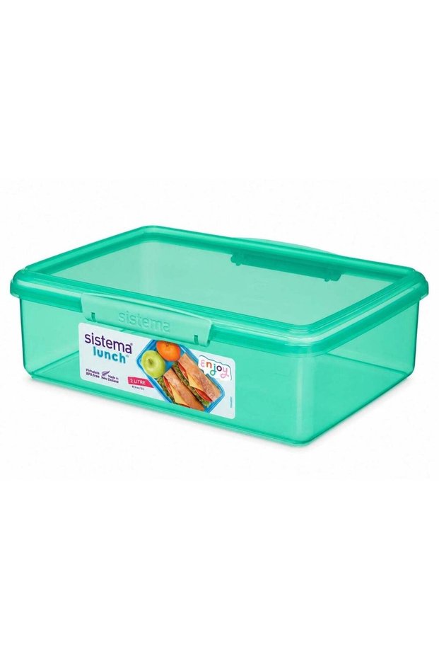 Sistema Lunch 2L Green – BPA Free Reusable Lunch Box with Secure Locking Clip, Large Food Storage C