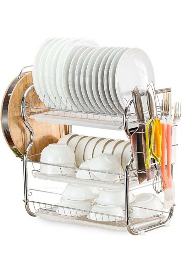 2 Tier Dish Drying Rack Silver/White 59x15.5x27cm
