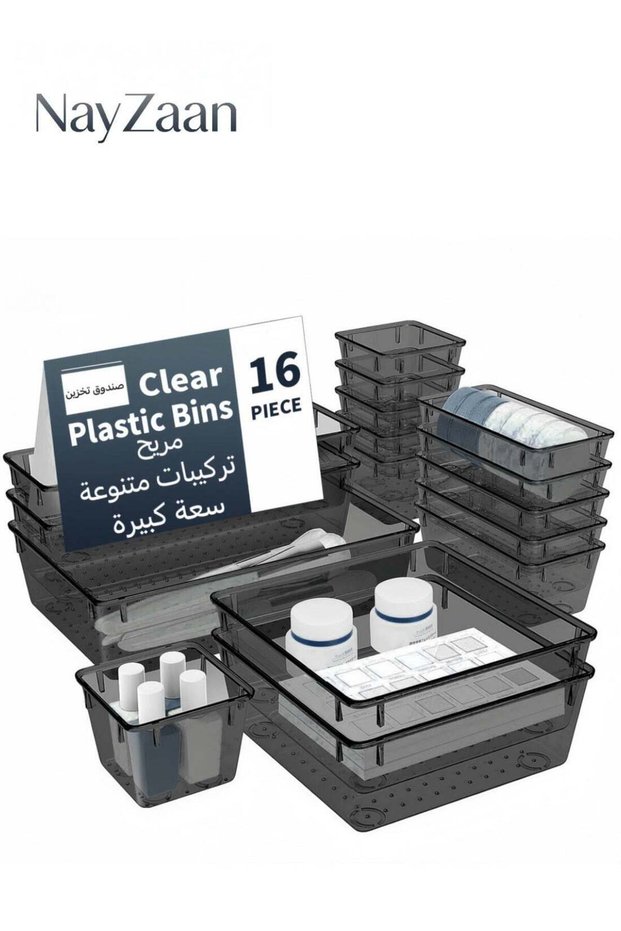 16 PCS Drawer Organizer Set, 5 Varied Size Bathroom and kitchen Drawer cabinet organizer Trays, Cle
