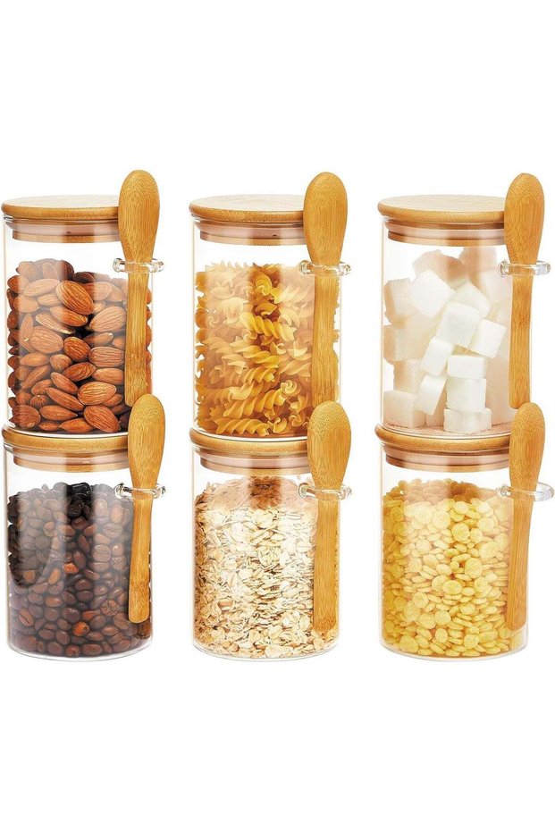 Set of 6 Pcs Glass Storage Jar with Bamboo Lids and bamboo Spoon, Airtight Food Jars Kitchen Food S