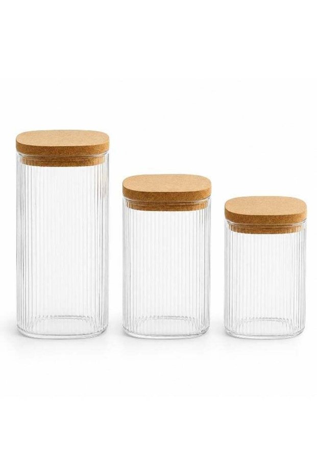3 Pcs Ribbed Glass Food Storage Jar Set with Cork Lid T114691 | Square Borosilicate Glass Container