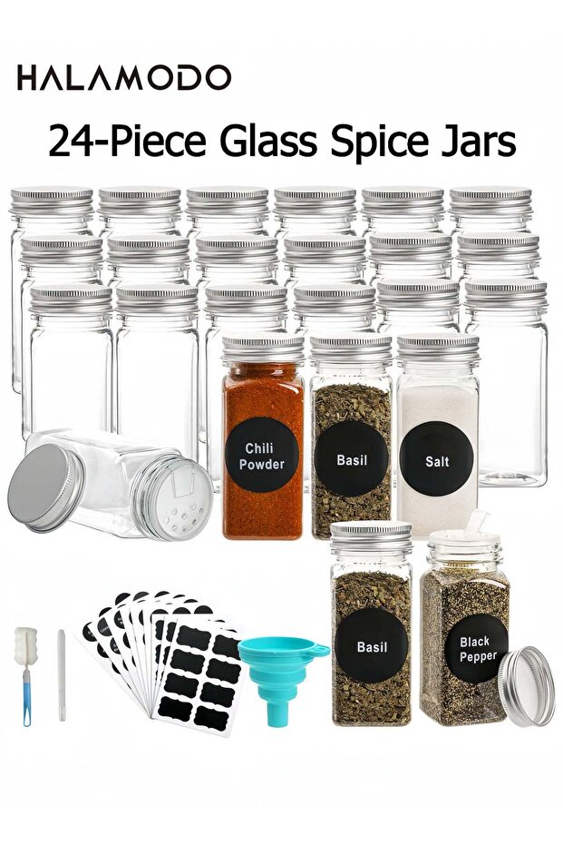 24-Piece Set of Glass Spice Jars with Airtight Metal Caps, Labels, Funnel, Brush, Pen - Multicolor