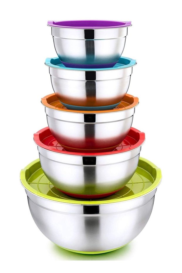 Mixing Bowl, 5 Piece Stainless Steel Mixing Bowls for Baking with Multi Colored Airtight Lids & Non