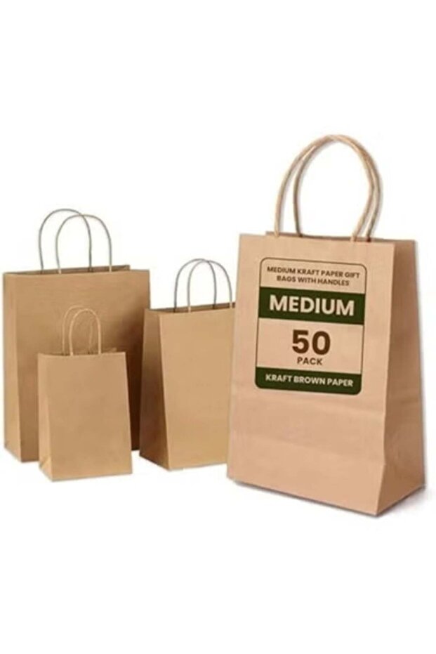 ecoway Kraft Paper Bags - Pack Of 50 Craft Medium Paper Grocery Bags With Handles For Shopping, Par