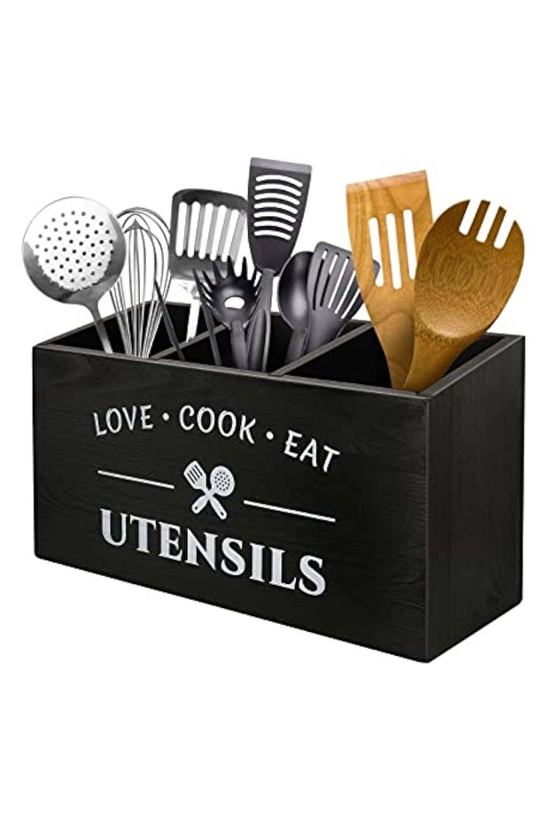 Wood Kitchen Utensil Caddy with 3 Compartments, Rustic Farmhouse Style, Ideal for Storage and Organ