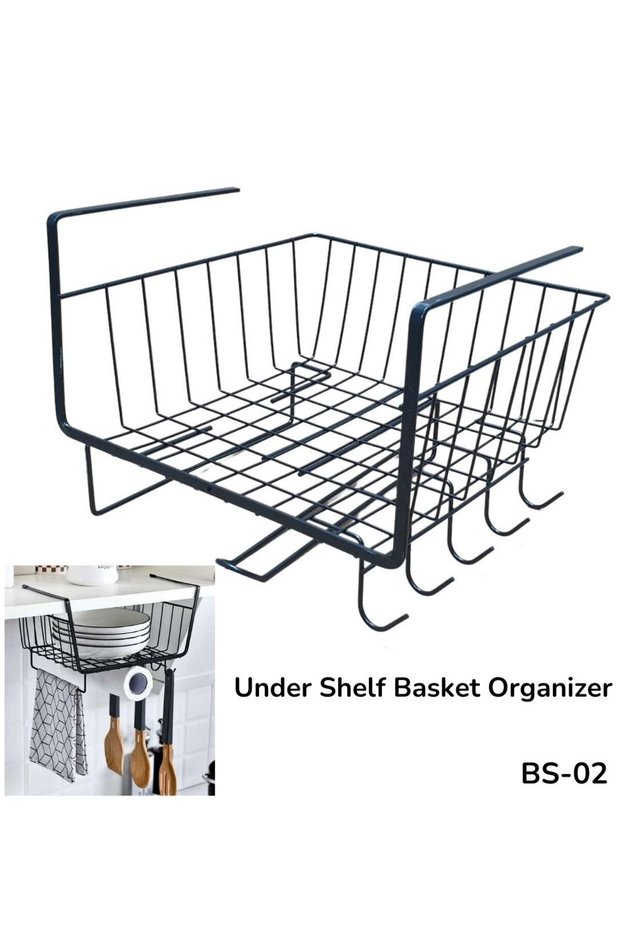 ARTC Under Shelf And Cabinet Kitchen, Office Basket Organizer With 5 Hooks Black