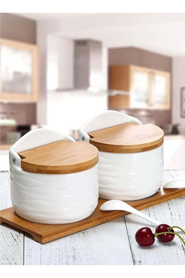 Ceramic spice jar, 2-piece set, 260ML with lid and spoon, and a wooden tray with a label sticker, c
