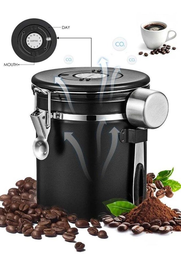 Airtight Coffee Canister, 1.2L Stainless Steel Coffee Storage Container with CO2 One Way Valve and