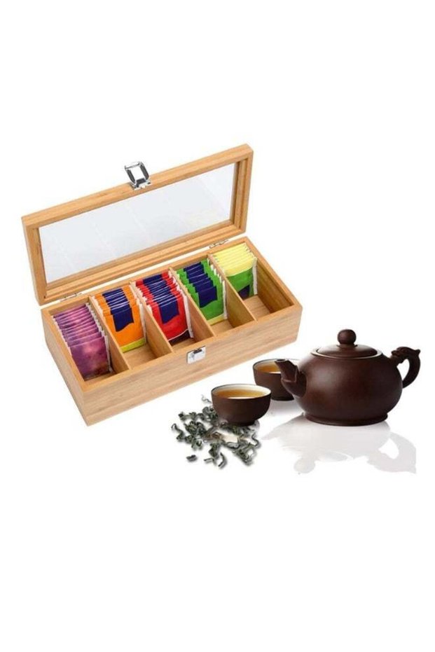 Premium Grid Tea Bag Organizer with View Window - 30x10x10cm Wooden Storage Box with Magnetic Lock,