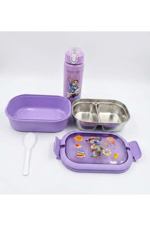 Kids Lunch Box Set with Stainless Steel 2-Compartment Tray, Water Bottle, Spoon & Locking Lid, Reus
