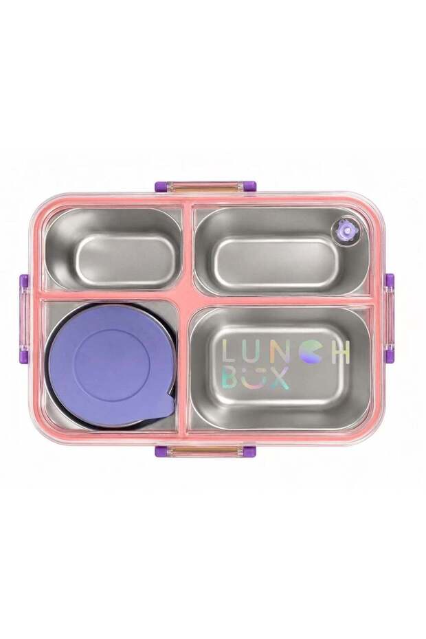 Taj Bazaar Stainless Steel Lunch Box, 4-Compartment with Sauce Container, Leakproof, 26.2CM x 19.3