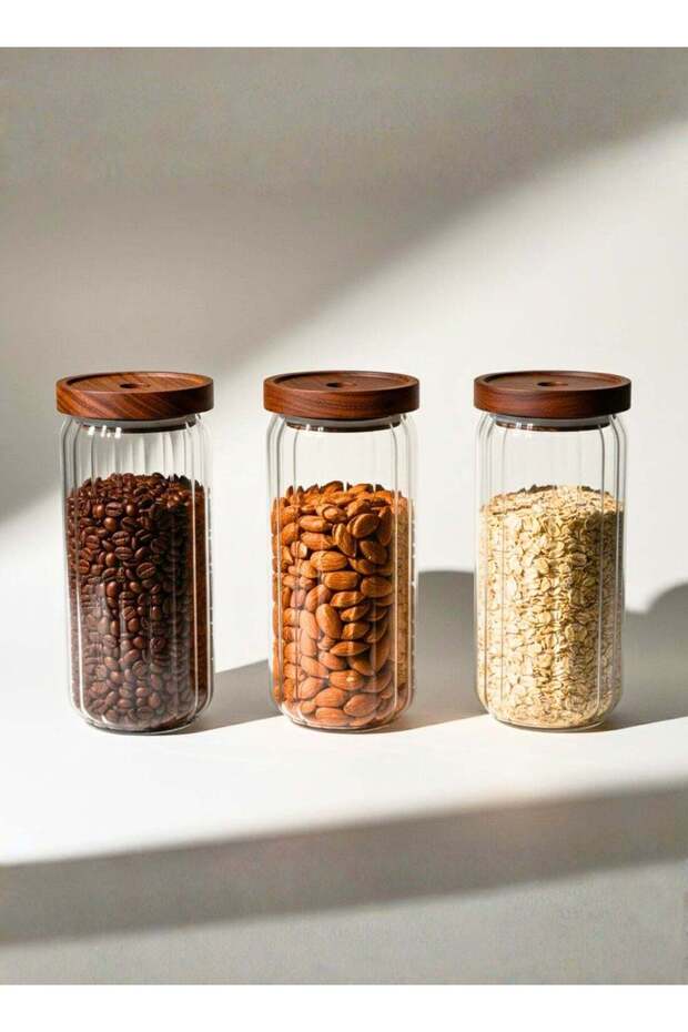 Food Storage Jars 1000ML Set of 3 – Stripe Borosilicate Glass with Acacia Lids