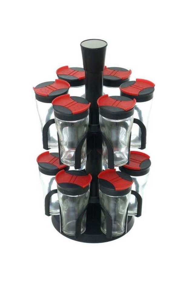 12 Glass Spice Jar With Rack Clear/Black/Red