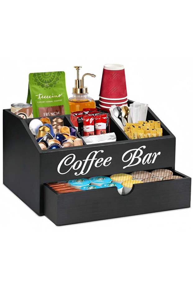 Wooden Coffee Bar Organizer with Drawer Coffee Pod Holder Storage Basket Countertop Farmhouse Coffe