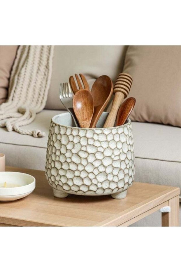 Ceramic Tripod Storage Container with Hammer Pattern Relief, Kitchen Utensil Holder