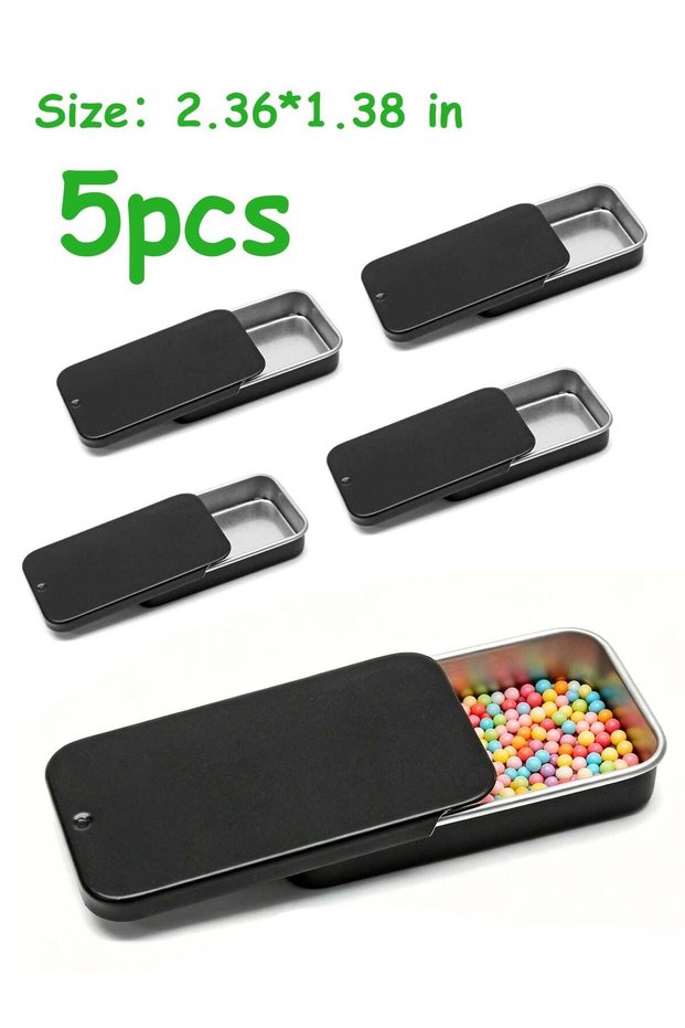 5 Pack Slide Lid Black Metal Tin Boxes 2.36"x1.38"x0.39" Mini Storage Tins for Lip Balm, Solid Perf