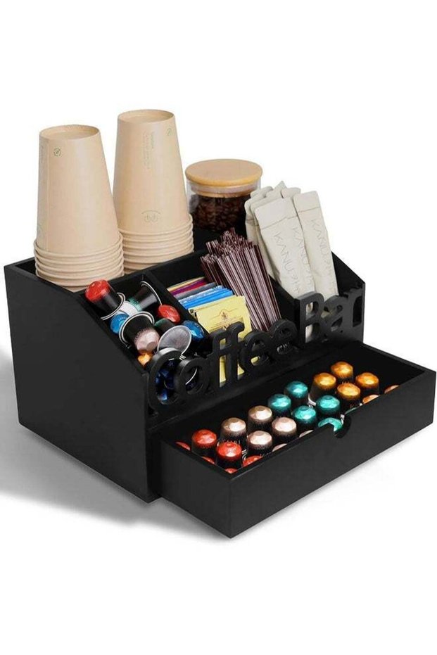 Coffee Station Organizer, Coffee Bar Organizer for Countertop, Wooden Coffee Station with Drawer, T