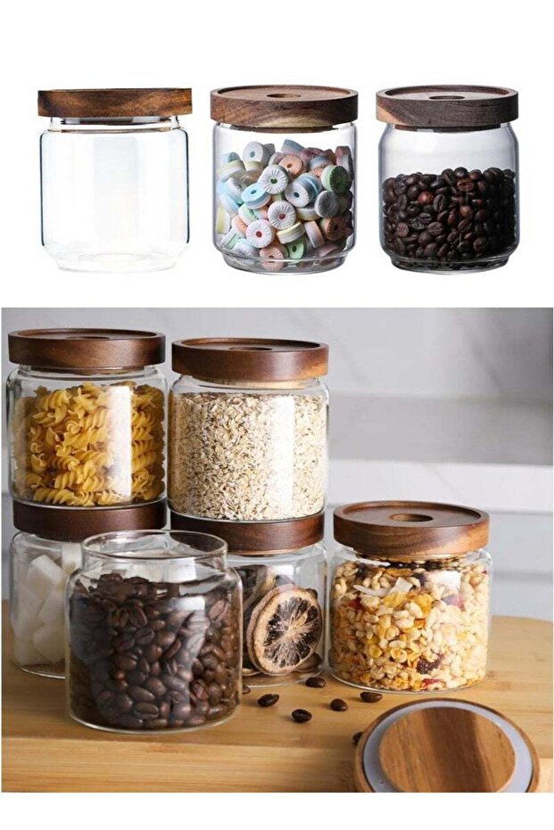 3Pcs 500ml Glass Storage Jar with Wooden Lid Airtight Fresh-keeping Storage Container for Coffee, T