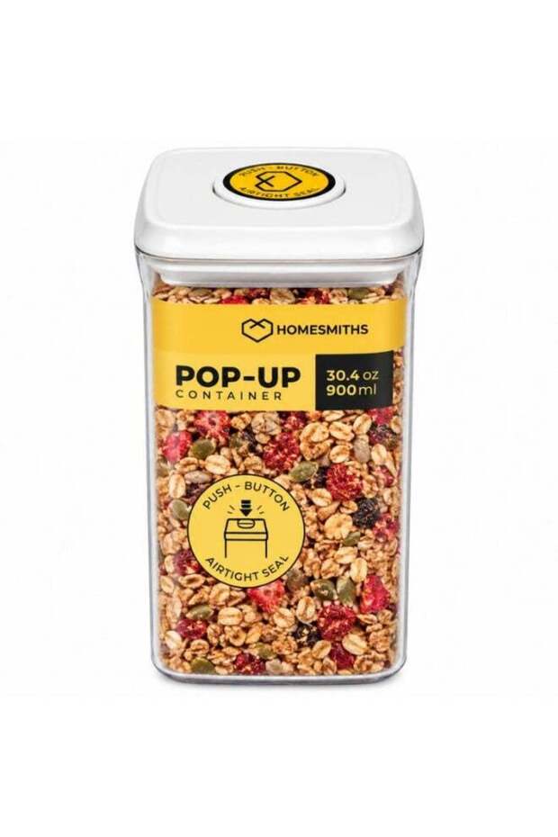 Homesmiths Airtight 900ml Clear Food Storage Container with Pop-Up Lid for Dry Goods, Snacks, Coffe