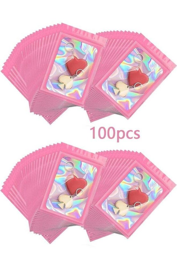 100 PCS 9x12cm Holographic Resealable Cellophane Bags, Pink Mylar Zip Lock Puffy Pouches, Sealable