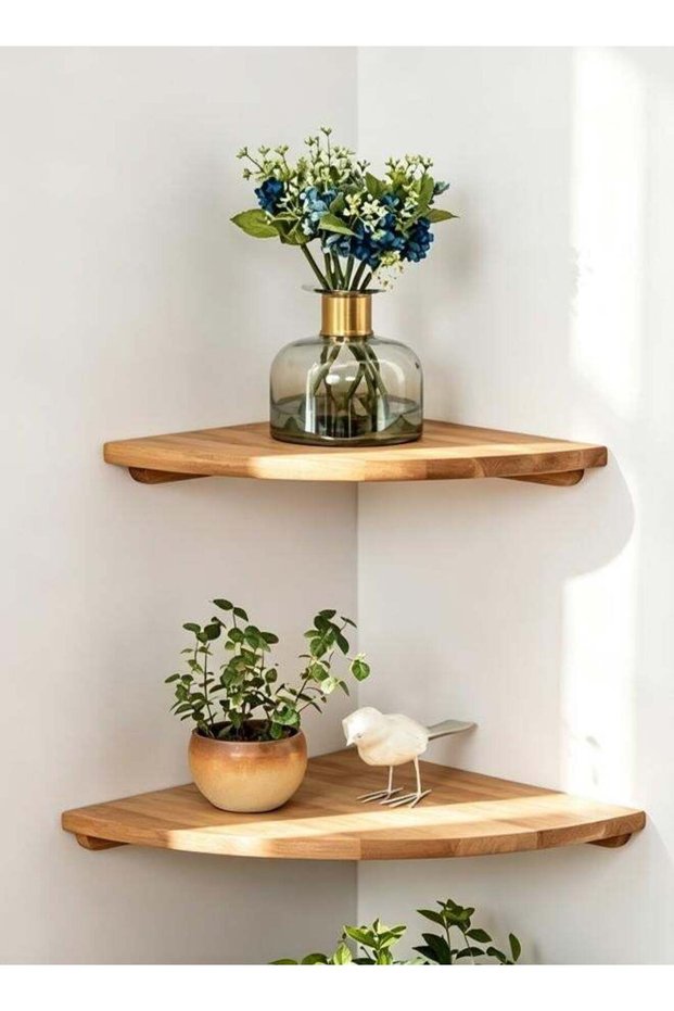Oak Corner Shelves, Round Floating Wall Mount, Set of 2 Small Shelving Units with Wire Hole for Pla