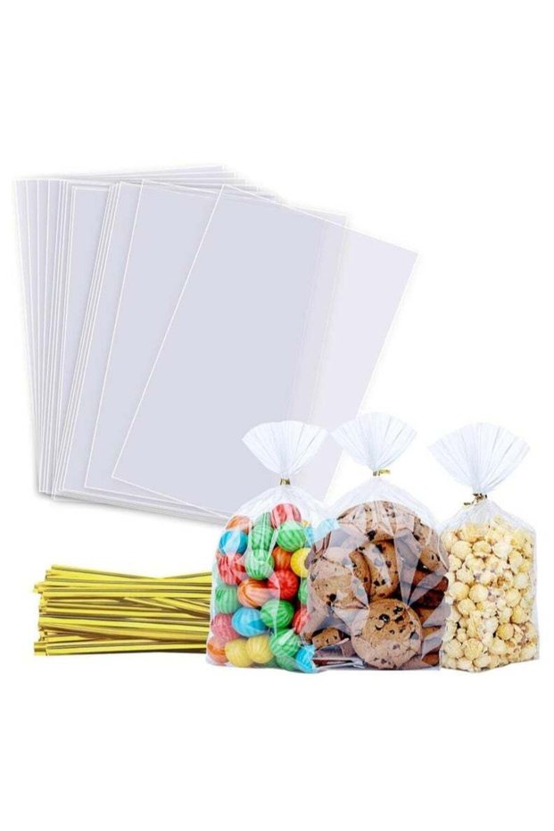100 pcs Plastic Bag Cellophane Bags Clear Cello Gift Bags 100 pcs Treat Bags with Twist Ties and R
