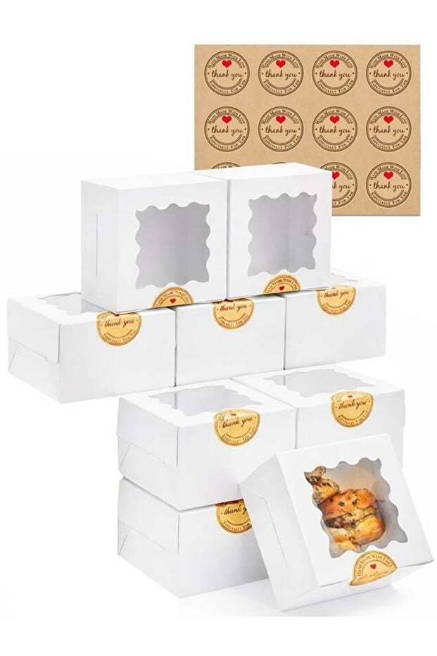 10pcs White Cookie Boxes with Window, 4x4x2.5 Inches Small Bakery Boxes with Stickers, for Mini Cak