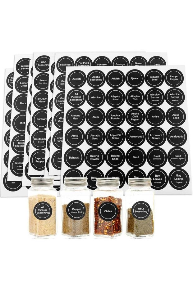 Spice Labels, 432Pcs Spice Labels Stickers 1.4in Waterproof Adhesive Round Preprinted Spice Black