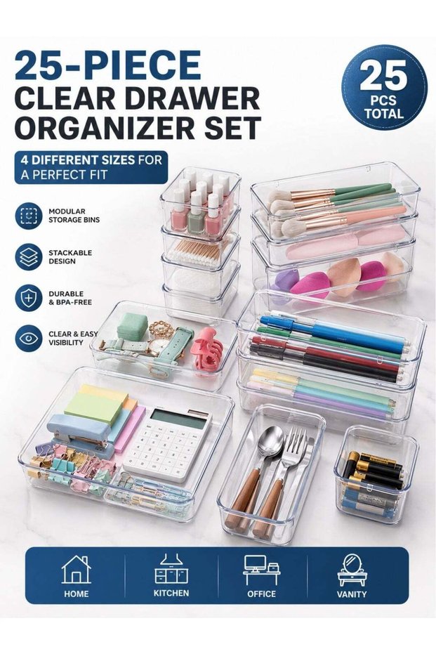 Clear Drawer Organizer Tray Set, 25-Piece Modular Storage Bins in 4 Sizes, Stackable Plastic Drawer