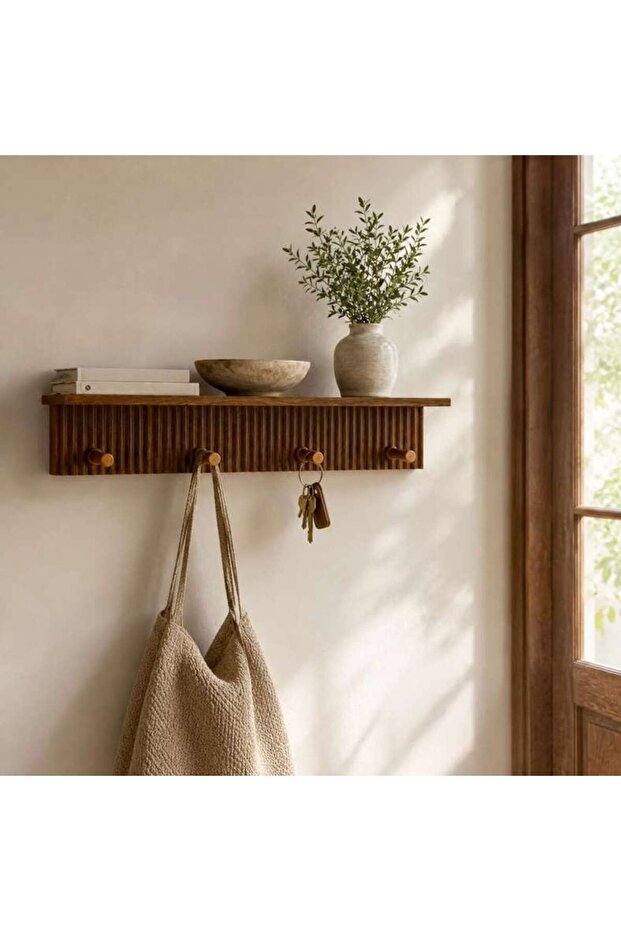 Berie Wood Modern Shelf With Hooks 45.6x10x10cm - Brown - 196AIC9904779