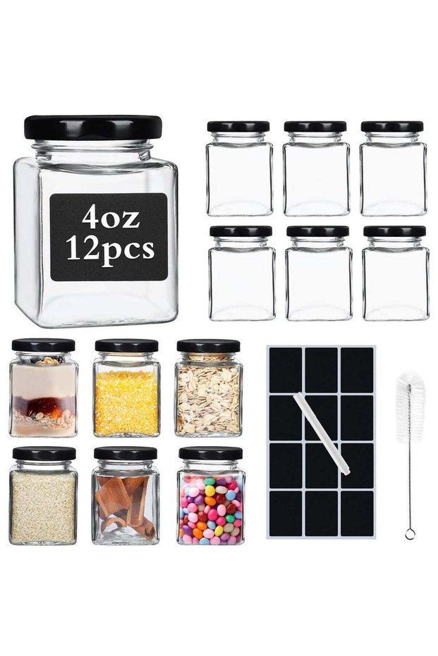 12Pack 4oz Square Glass Jar with Black Airtight Lids, Small Glass Mason Jar Canning Jars for Jam, S