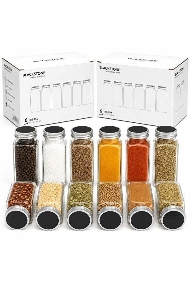 Blackstone BS850 Glass Spice Jars Set of 12 100ml Clear Spice Bottles with Silver Lids for Herbs Ma