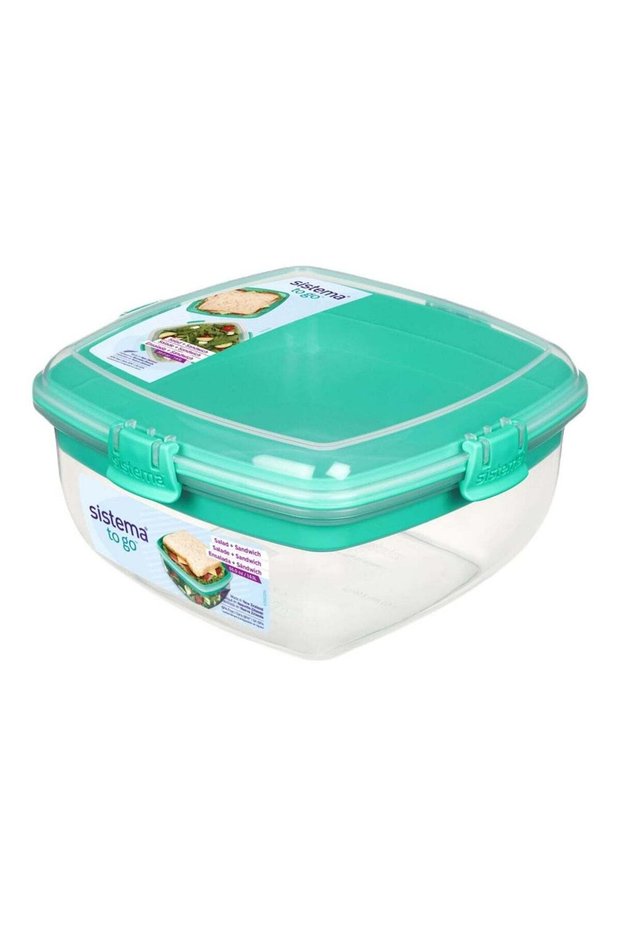 Sistema Salad + Sandwich To Go 1.63L Teal – BPA Free Lunch Container with Separate Sandwich Tray, L