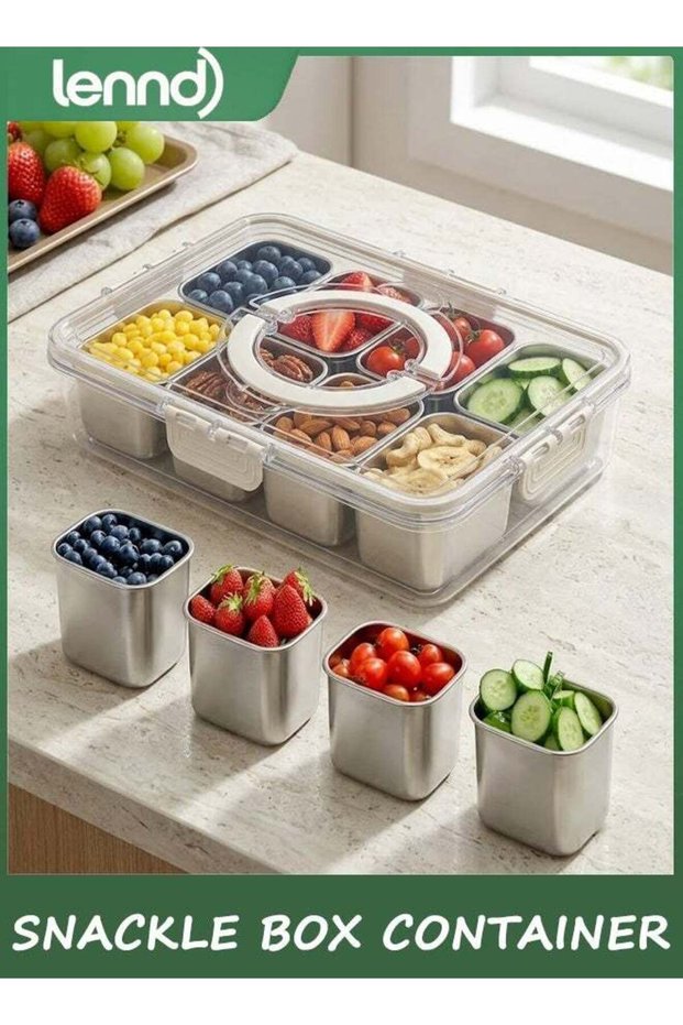 Snackle Box Container, Stainless Steel Divided Serving Tray with Lid and Handle, Large Snack Tray f