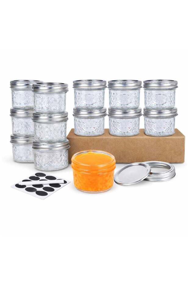 4oz Clear Glass Mini Mason Jars, 12 Pack Small Canning Jars with Silver Separable Lids, Diamond Des