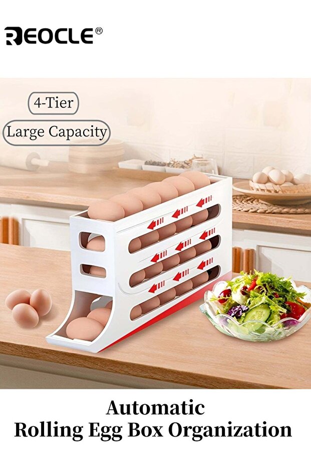 4 Tiers Large Capacity Automatic Rolling Egg Box Organization and Storage Space Saving No Assembly
